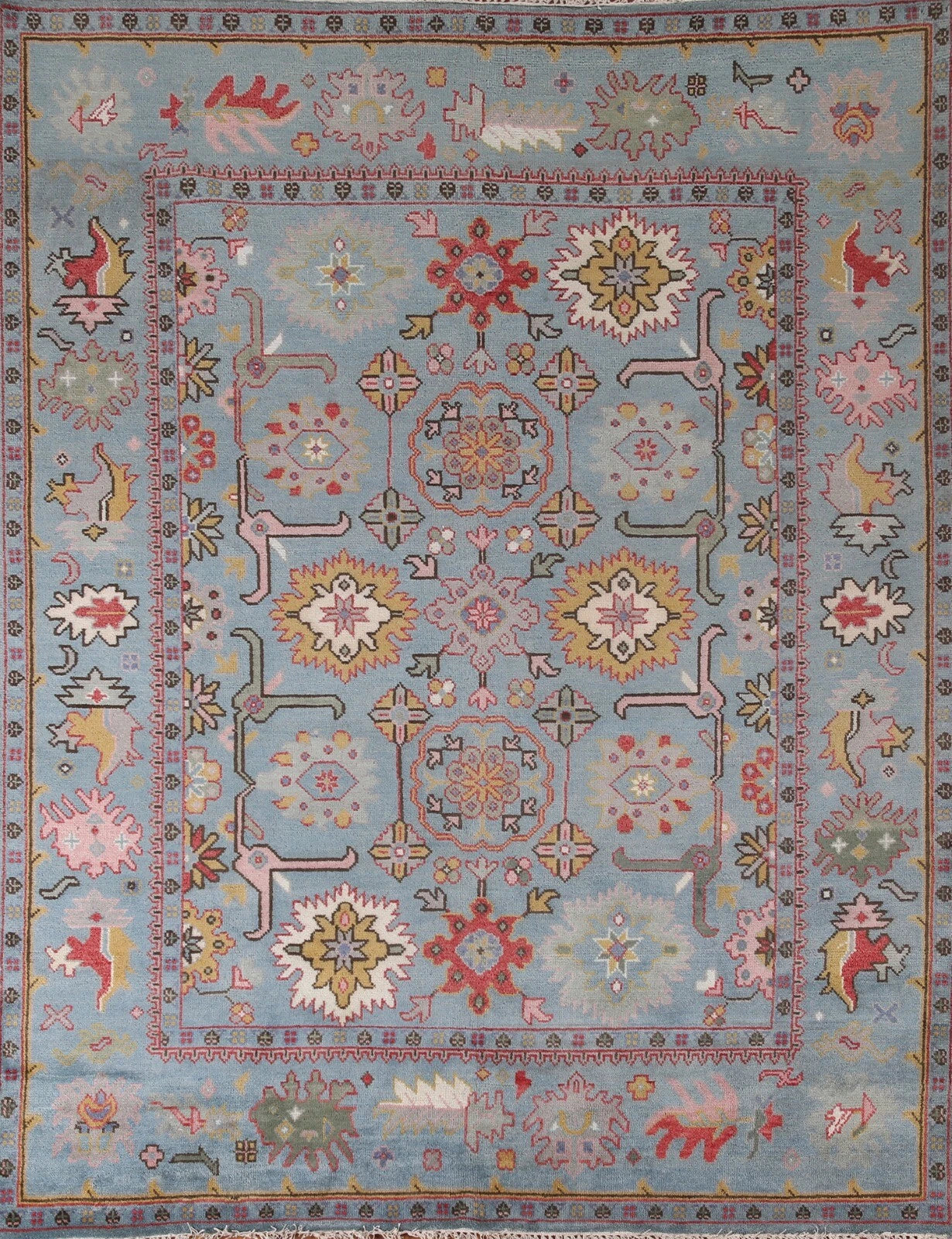 Hand Knotted Vintage Oushak Powder Blue and Crimson 8x10 Geometric Floral Wool Area Rug
