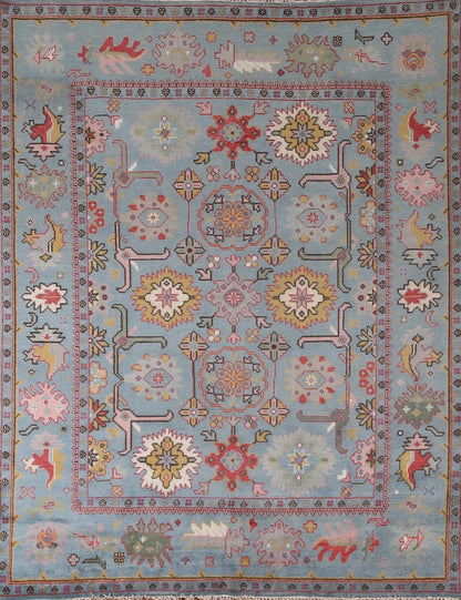 Hand Knotted Vintage Oushak Powder Blue and Crimson 8x10 Geometric Floral Wool Area Rug