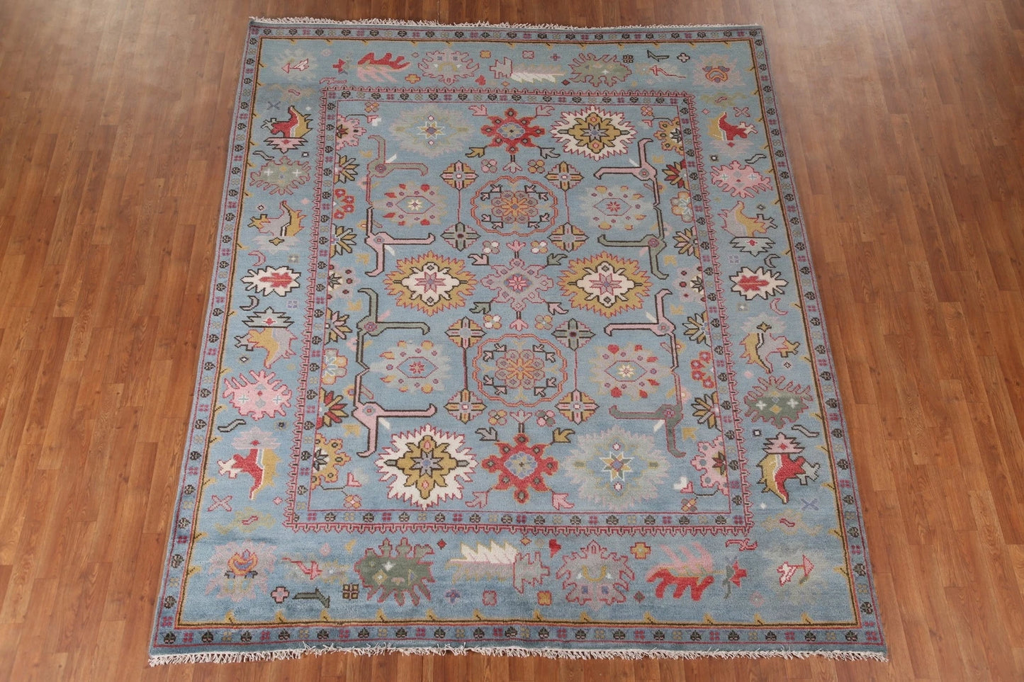 Hand Knotted Vintage Oushak Powder Blue and Crimson 8x10 Geometric Floral Wool Area Rug