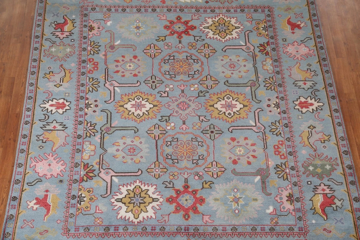 Hand Knotted Vintage Oushak Powder Blue and Crimson 8x10 Geometric Floral Wool Area Rug