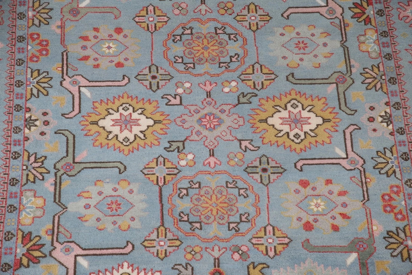 Hand Knotted Vintage Oushak Powder Blue and Crimson 8x10 Geometric Floral Wool Area Rug