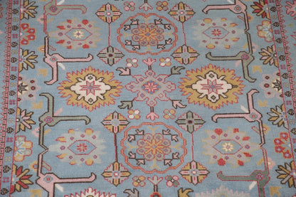 Hand Knotted Vintage Oushak Powder Blue and Crimson 8x10 Geometric Floral Wool Area Rug