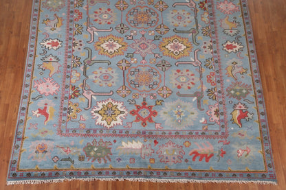 Hand Knotted Vintage Oushak Powder Blue and Crimson 8x10 Geometric Floral Wool Area Rug