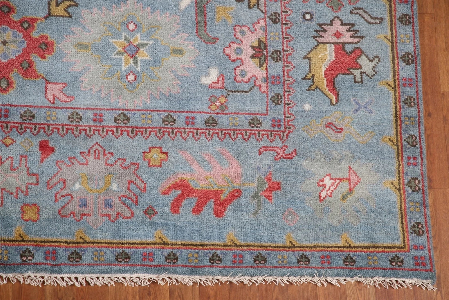 Hand Knotted Vintage Oushak Powder Blue and Crimson 8x10 Geometric Floral Wool Area Rug