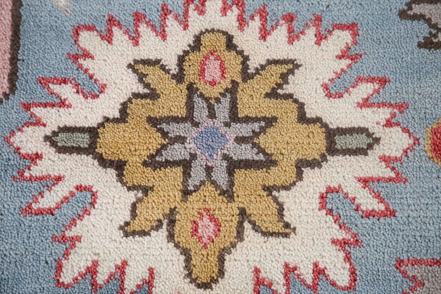 Hand Knotted Vintage Oushak Powder Blue and Crimson 8x10 Geometric Floral Wool Area Rug