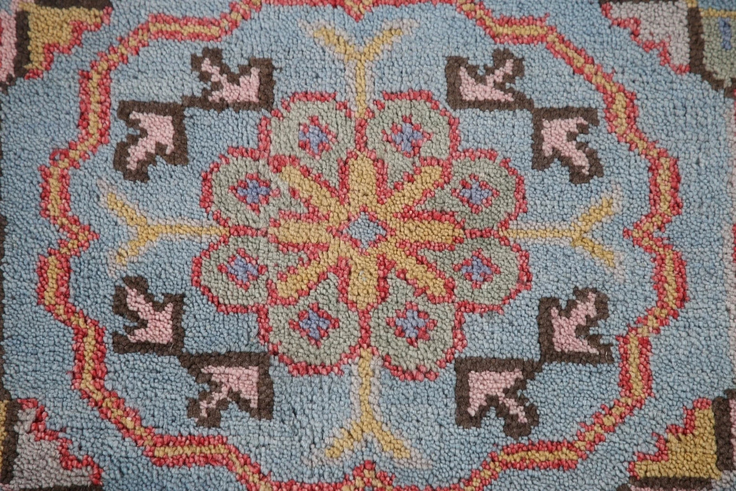 Hand Knotted Vintage Oushak Powder Blue and Crimson 8x10 Geometric Floral Wool Area Rug