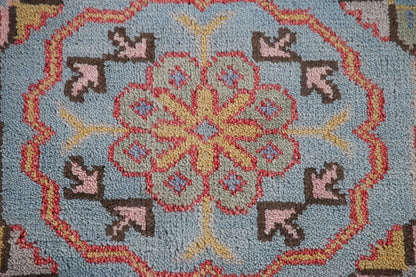Hand Knotted Vintage Oushak Powder Blue and Crimson 8x10 Geometric Floral Wool Area Rug