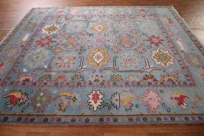 Hand Knotted Vintage Oushak Powder Blue and Crimson 8x10 Geometric Floral Wool Area Rug