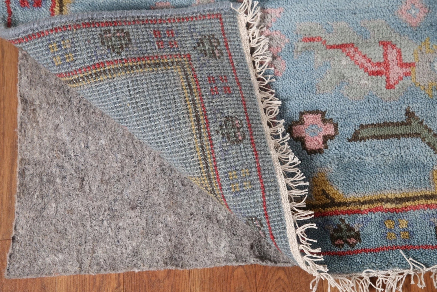 Hand Knotted Vintage Oushak Powder Blue and Crimson 8x10 Geometric Floral Wool Area Rug