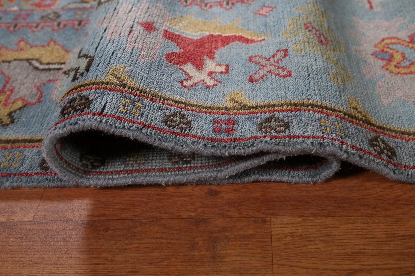 Hand Knotted Vintage Oushak Powder Blue and Crimson 8x10 Geometric Floral Wool Area Rug