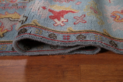 Hand Knotted Vintage Oushak Powder Blue and Crimson 8x10 Geometric Floral Wool Area Rug