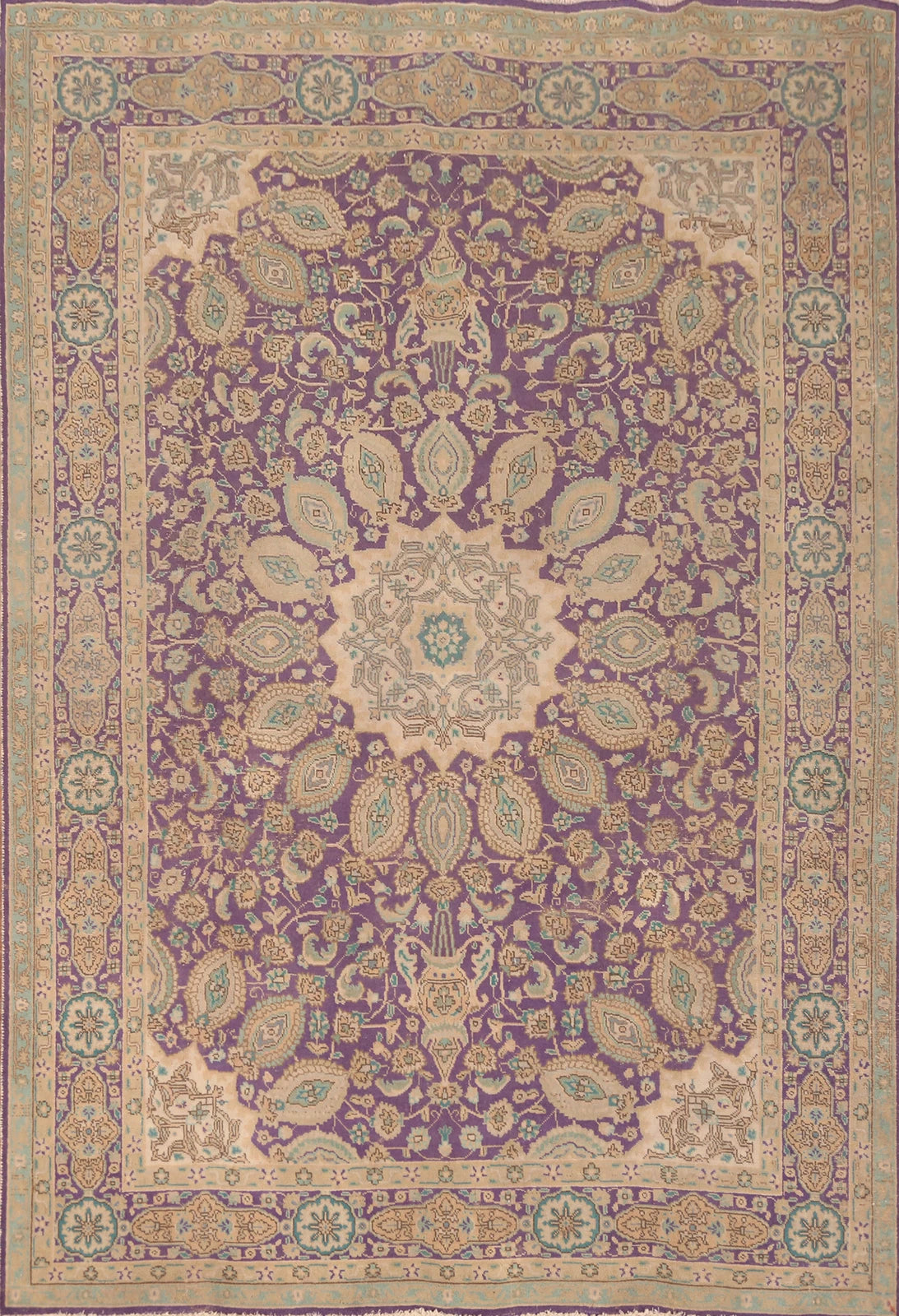 Royal Purple and Ivory 8x10 Hand Knotted Premium Heriz Serapi Medallion Paisley Wool Area Rug