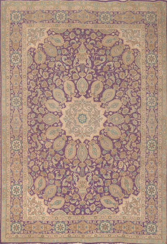 Royal Purple and Ivory 8x10 Hand Knotted Premium Heriz Serapi Medallion Paisley Wool Area Rug
