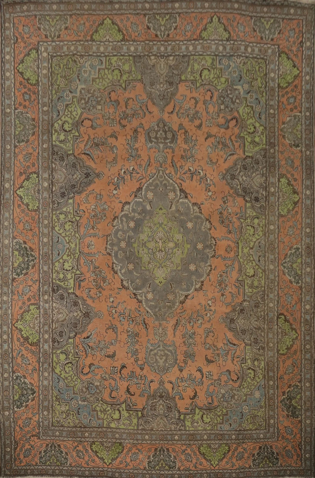 8x10 Rich Terracotta and Slate Blue Heriz Serapi Hand Knotted Floral Medallion Wool Area Rug