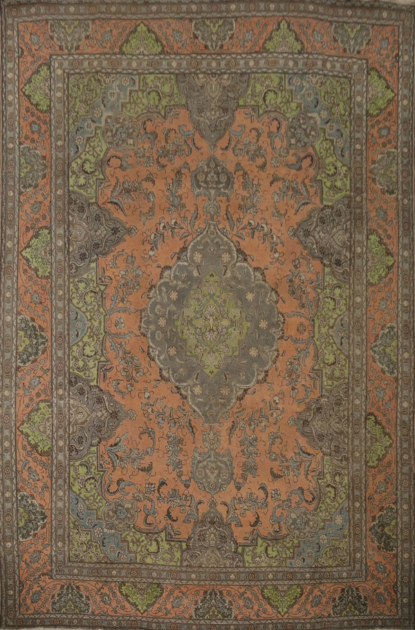 8x10 Rich Terracotta and Slate Blue Heriz Serapi Hand Knotted Floral Medallion Wool Area Rug