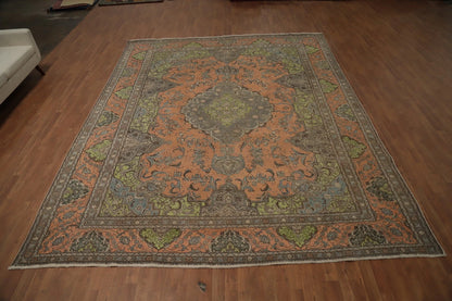 8x10 Rich Terracotta and Slate Blue Heriz Serapi Hand Knotted Floral Medallion Wool Area Rug