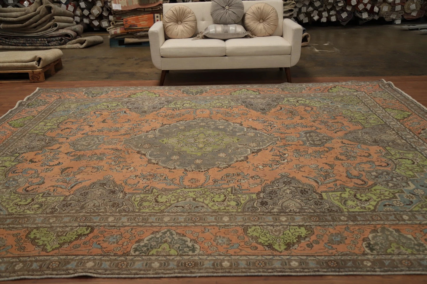 8x10 Rich Terracotta and Slate Blue Heriz Serapi Hand Knotted Floral Medallion Wool Area Rug
