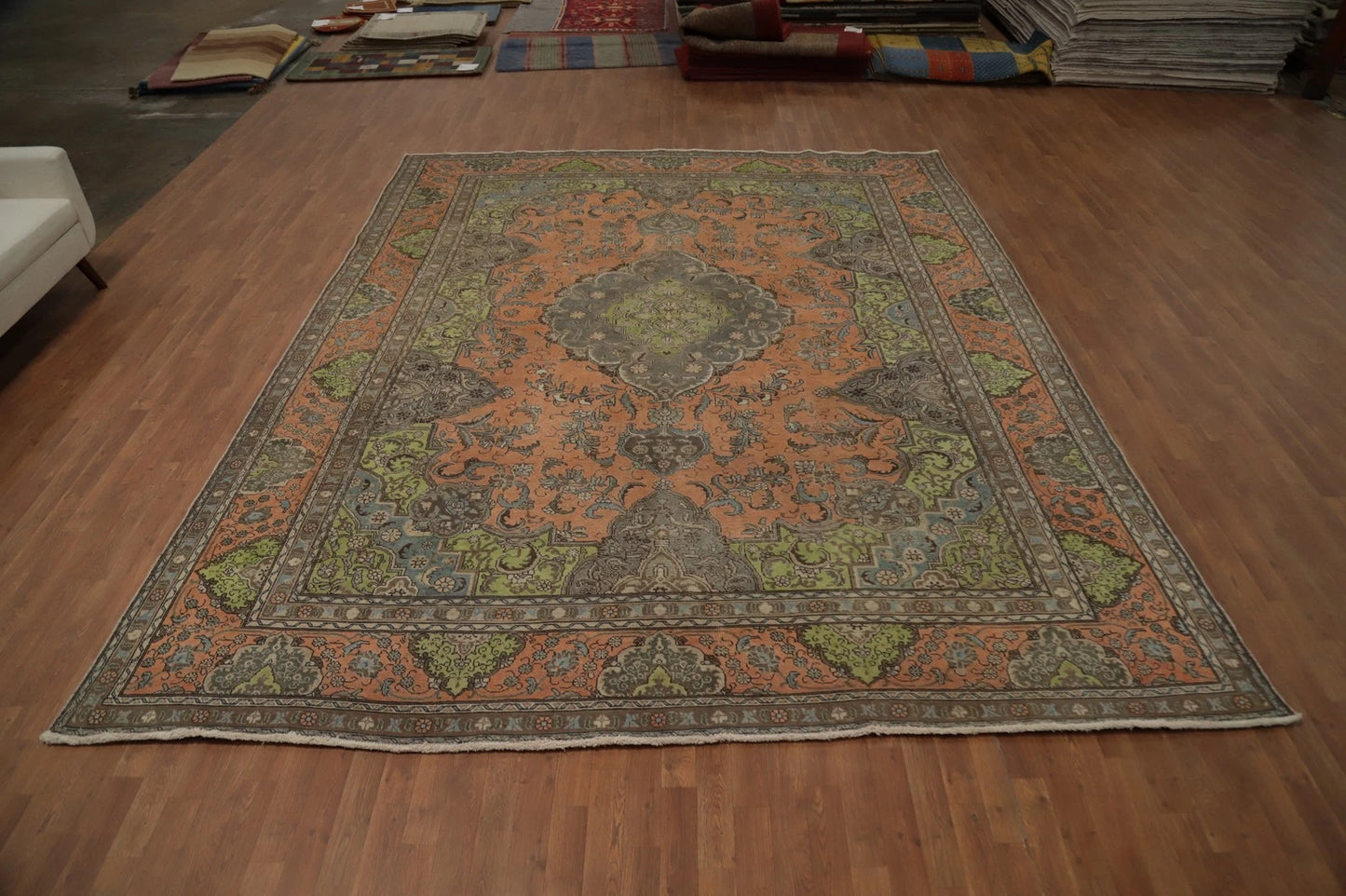 8x10 Rich Terracotta and Slate Blue Heriz Serapi Hand Knotted Floral Medallion Wool Area Rug