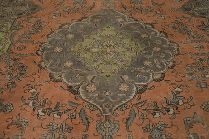 8x10 Rich Terracotta and Slate Blue Heriz Serapi Hand Knotted Floral Medallion Wool Area Rug