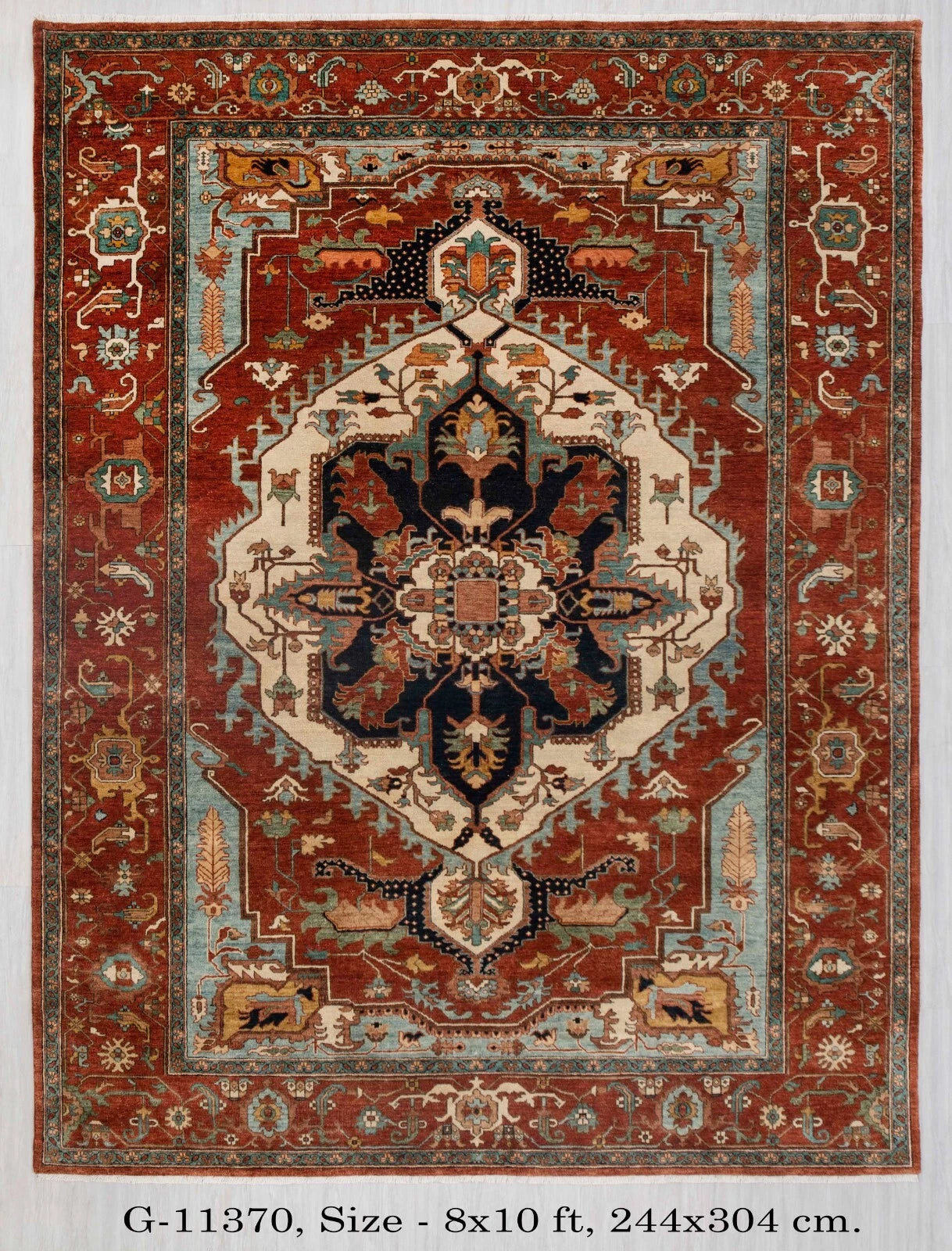 Geometric Medallion Heriz Serapi Brick Red and Ivory Classic 8x10 Hand Knotted Wool Area Rug