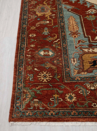 Geometric Medallion Heriz Serapi Brick Red and Ivory Classic 8x10 Hand Knotted Wool Area Rug
