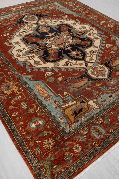 Geometric Medallion Heriz Serapi Brick Red and Ivory Classic 8x10 Hand Knotted Wool Area Rug