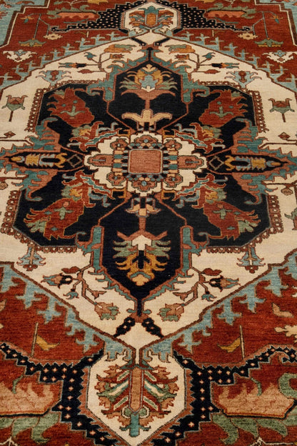Geometric Medallion Heriz Serapi Brick Red and Ivory Classic 8x10 Hand Knotted Wool Area Rug