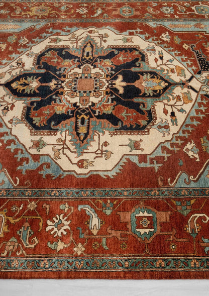 Geometric Medallion Heriz Serapi Brick Red and Ivory Classic 8x10 Hand Knotted Wool Area Rug