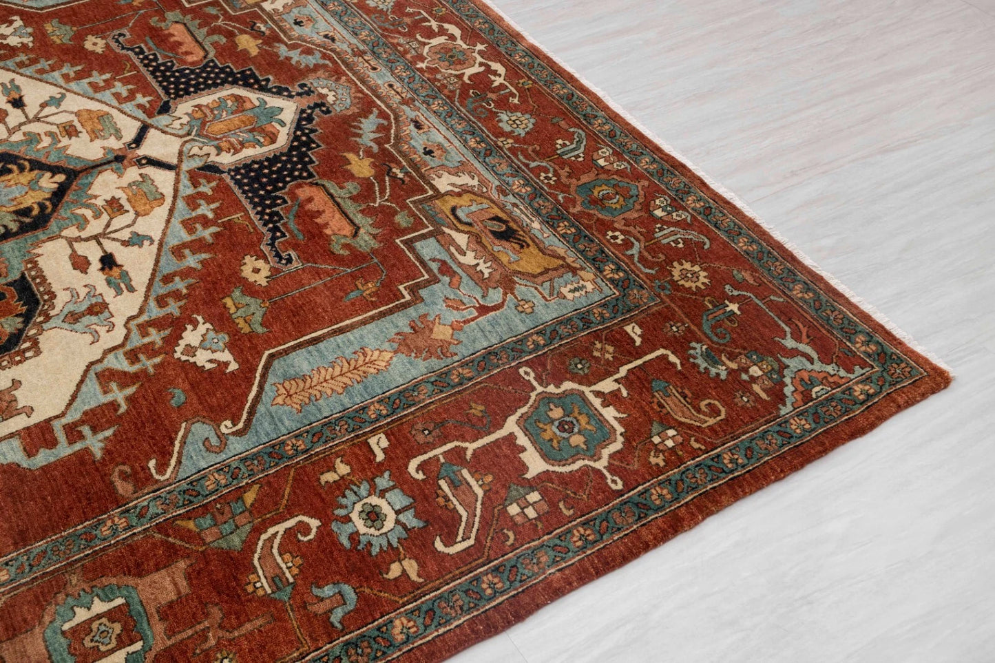 Geometric Medallion Heriz Serapi Brick Red and Ivory Classic 8x10 Hand Knotted Wool Area Rug