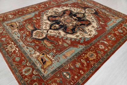Geometric Medallion Heriz Serapi Brick Red and Ivory Classic 8x10 Hand Knotted Wool Area Rug
