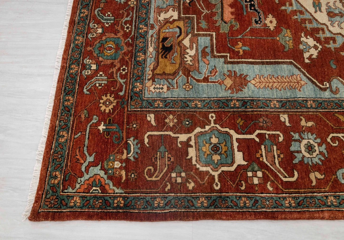 Geometric Medallion Heriz Serapi Brick Red and Ivory Classic 8x10 Hand Knotted Wool Area Rug