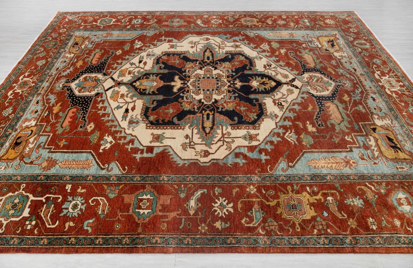 Geometric Medallion Heriz Serapi Brick Red and Ivory Classic 8x10 Hand Knotted Wool Area Rug