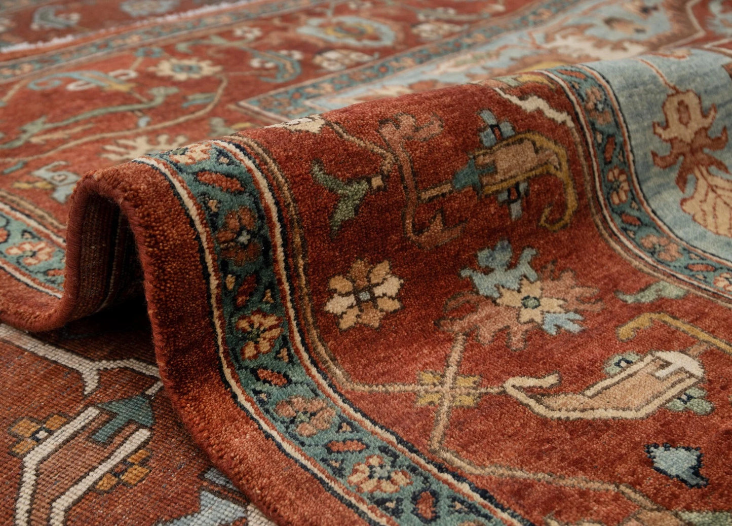 Geometric Medallion Heriz Serapi Brick Red and Ivory Classic 8x10 Hand Knotted Wool Area Rug