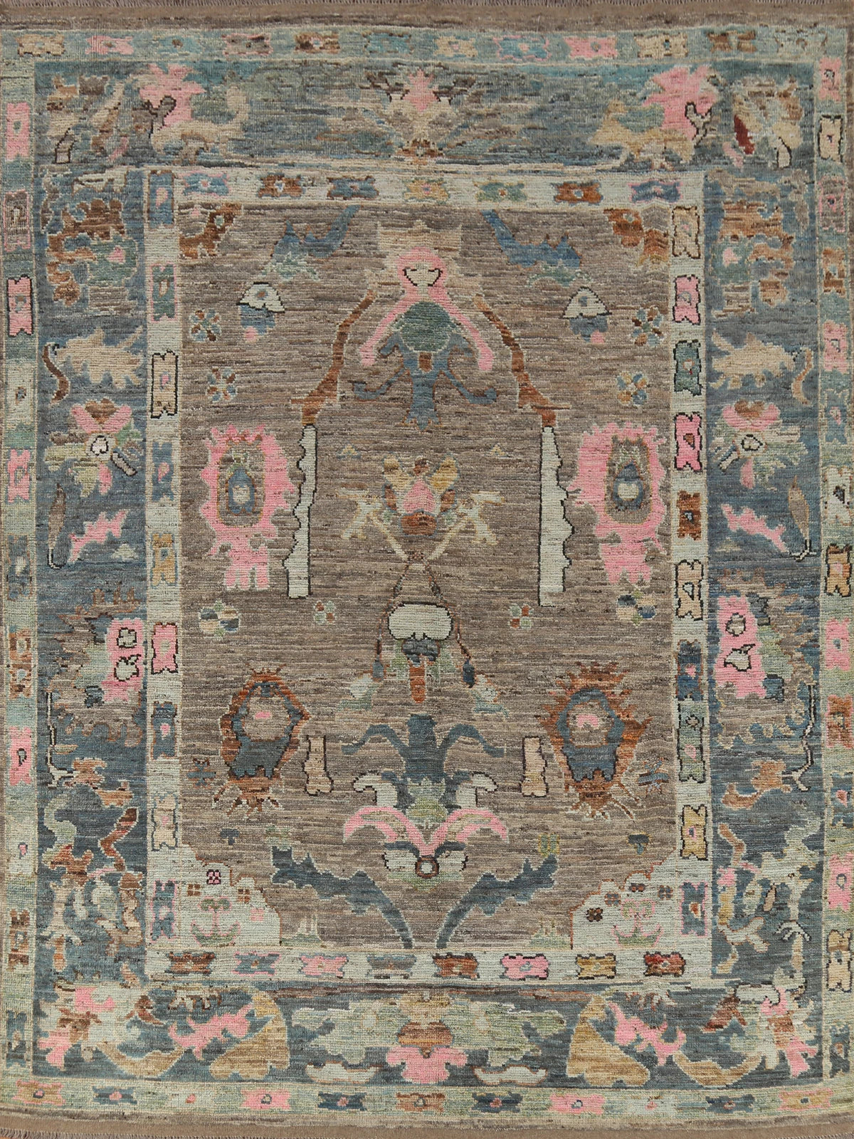 Hand Knotted Vintage Oushak Enchanting Mushroom and Teal 8x10 Prayer Arch Folk Art Wool Area Rug