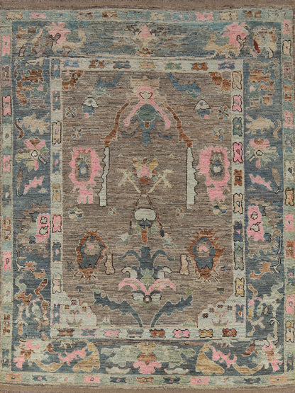 Hand Knotted Vintage Oushak Enchanting Mushroom and Teal 8x10 Prayer Arch Folk Art Wool Area Rug