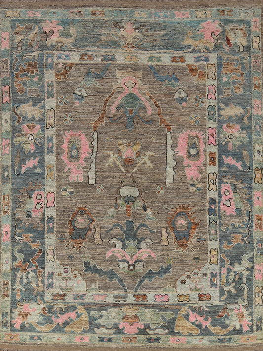 Hand Knotted Vintage Oushak Enchanting Mushroom and Teal 8x10 Prayer Arch Folk Art Wool Area Rug