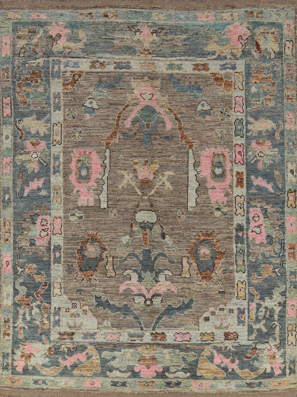 Hand Knotted Vintage Oushak Enchanting Mushroom and Teal 8x10 Prayer Arch Folk Art Wool Area Rug