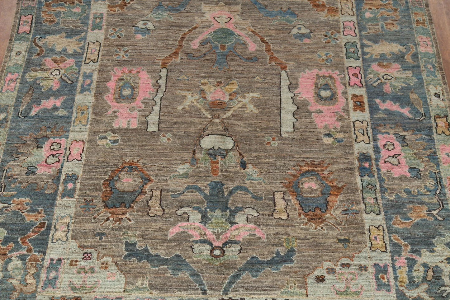 Hand Knotted Vintage Oushak Enchanting Mushroom and Teal 8x10 Prayer Arch Folk Art Wool Area Rug