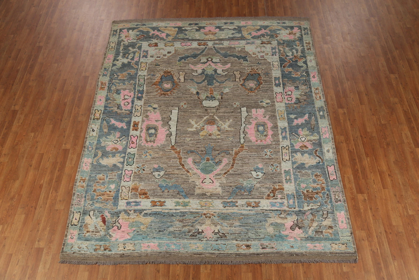 Hand Knotted Vintage Oushak Enchanting Mushroom and Teal 8x10 Prayer Arch Folk Art Wool Area Rug