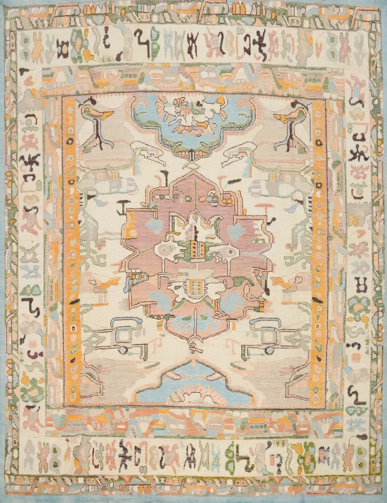 Dreamy Pastel Ivory and Blush 8x10 Hand Knotted Heriz Serapi Medallion Folk Art Wool Area Rug