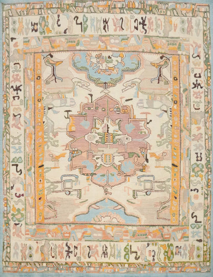 Dreamy Pastel Ivory and Blush 8x10 Hand Knotted Heriz Serapi Medallion Folk Art Wool Area Rug