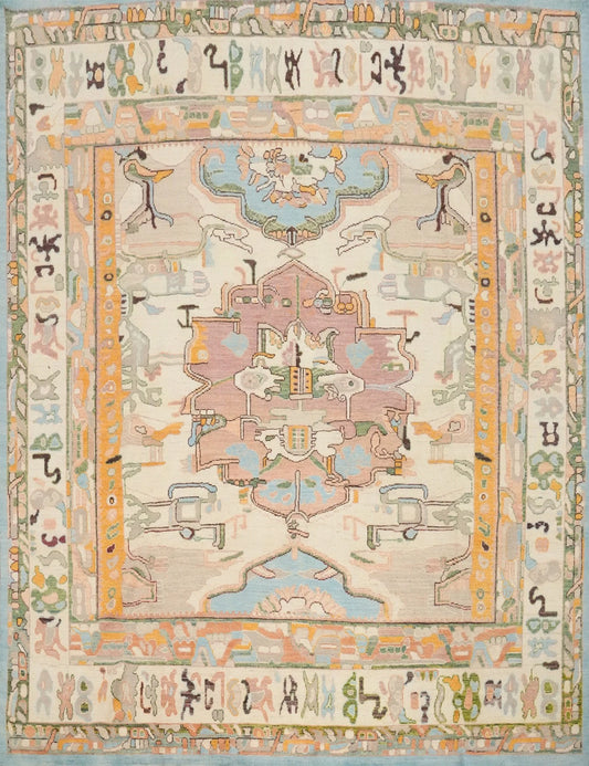 Dreamy Pastel Ivory and Blush 8x10 Hand Knotted Heriz Serapi Medallion Folk Art Wool Area Rug