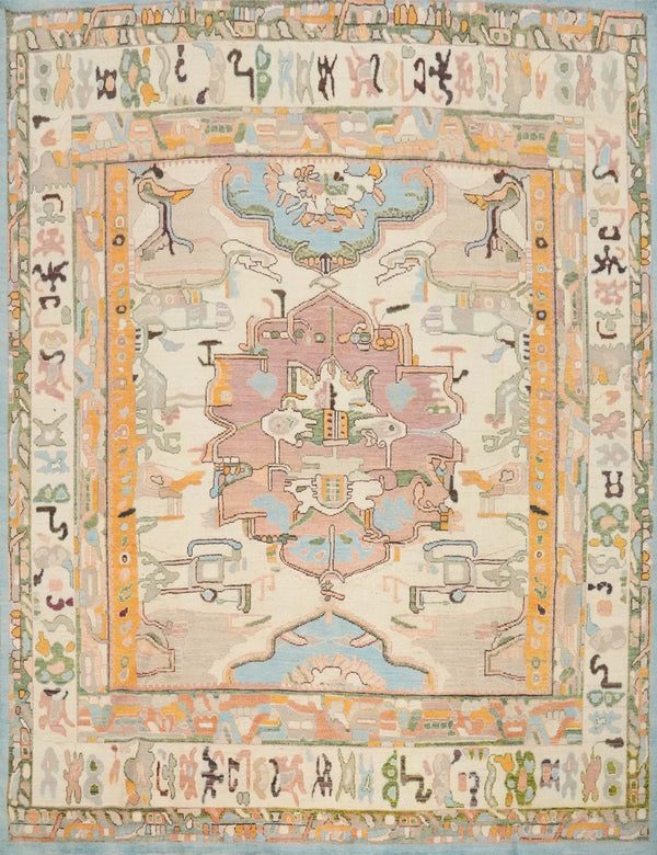 Dreamy Pastel Ivory and Blush 8x10 Hand Knotted Heriz Serapi Medallion Folk Art Wool Area Rug