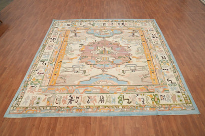 Dreamy Pastel Ivory and Blush 8x10 Hand Knotted Heriz Serapi Medallion Folk Art Wool Area Rug