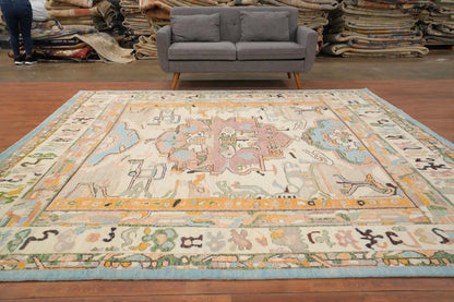 Dreamy Pastel Ivory and Blush 8x10 Hand Knotted Heriz Serapi Medallion Folk Art Wool Area Rug