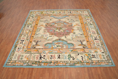 Dreamy Pastel Ivory and Blush 8x10 Hand Knotted Heriz Serapi Medallion Folk Art Wool Area Rug