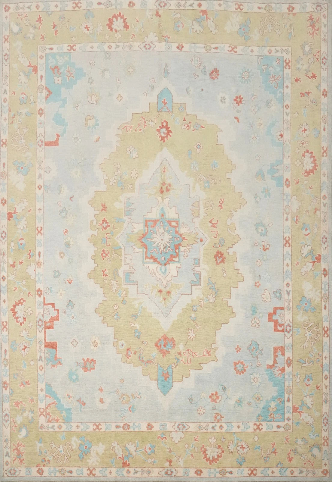 Blue and Gold Diamond Medallion Heriz Serapi Geometric Traditional 8x10 Hand Knotted Wool Area Rug