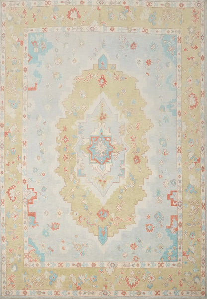 Blue and Gold Diamond Medallion Heriz Serapi Geometric Traditional 8x10 Hand Knotted Wool Area Rug