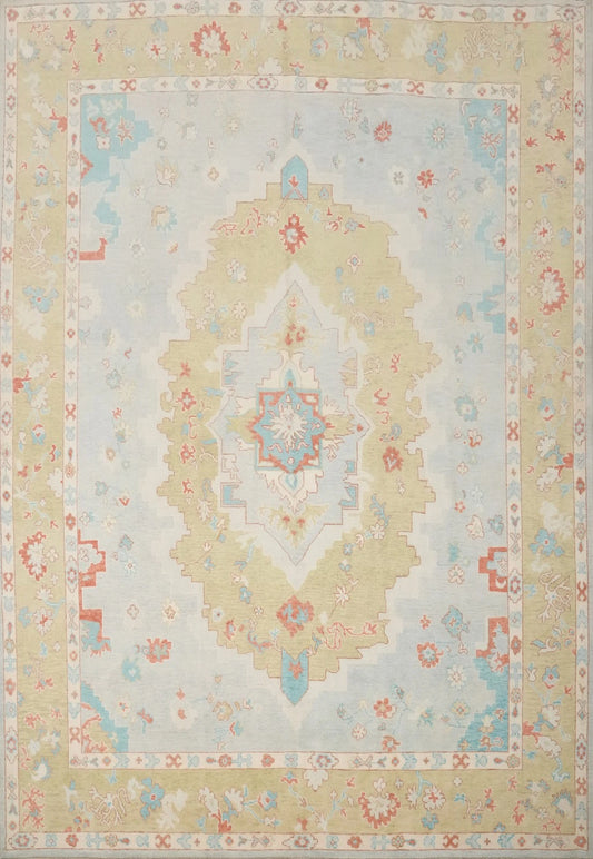 Blue and Gold Diamond Medallion Heriz Serapi Geometric Traditional 8x10 Hand Knotted Wool Area Rug
