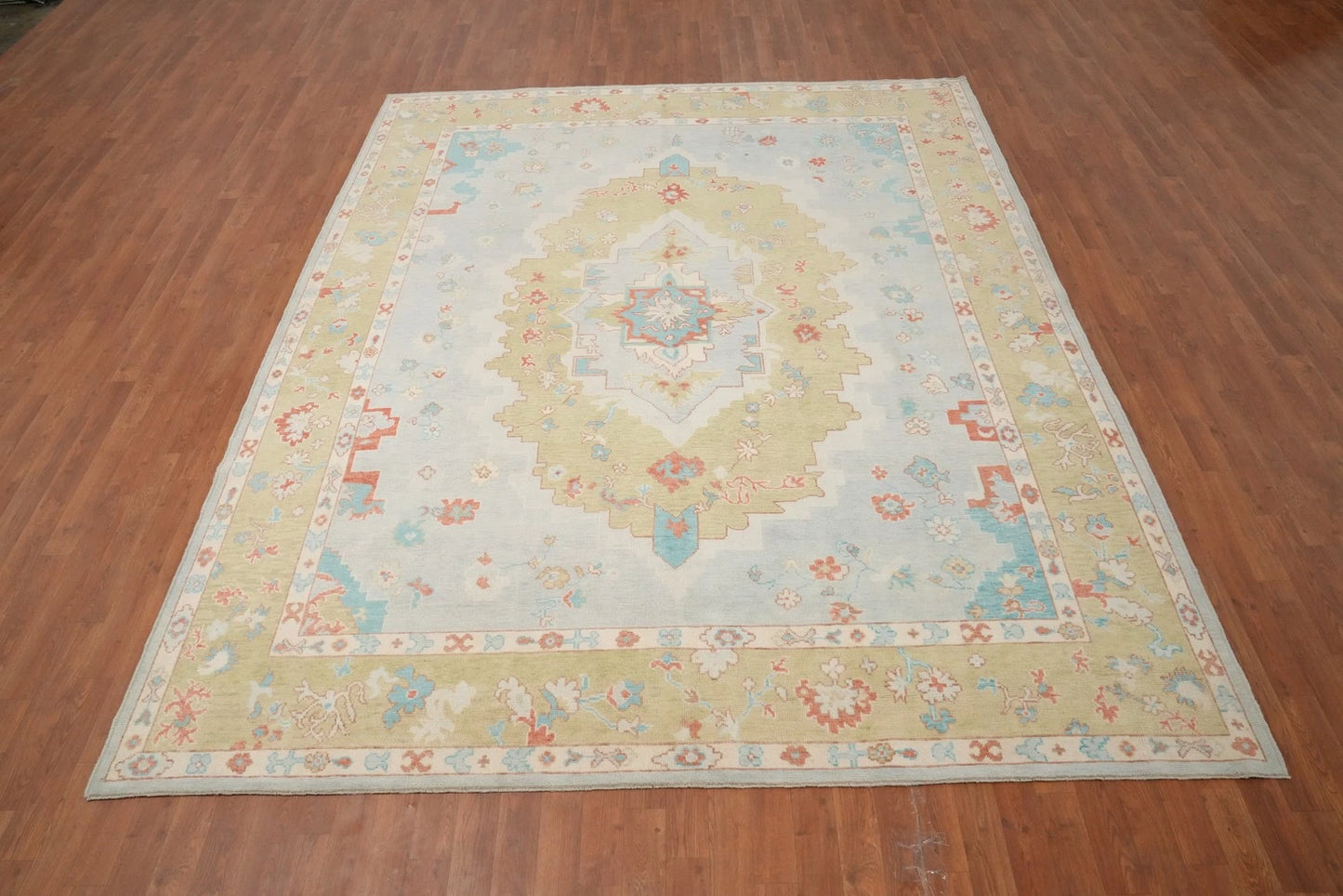 Blue and Gold Diamond Medallion Heriz Serapi Geometric Traditional 8x10 Hand Knotted Wool Area Rug
